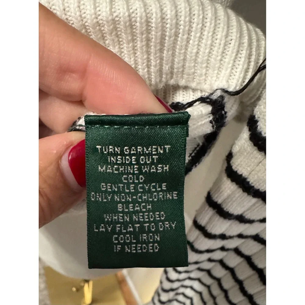 Lauren Ralph Lauren Striped Ribbed V-Neck Sweater Cotton Lock Clasp Detail XS